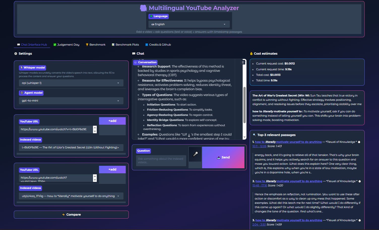 Chat-Oberfläche des Analyzers mit Antwort, Kostenanzeige und den drei passendsten Videostellen mit Zeitstempel